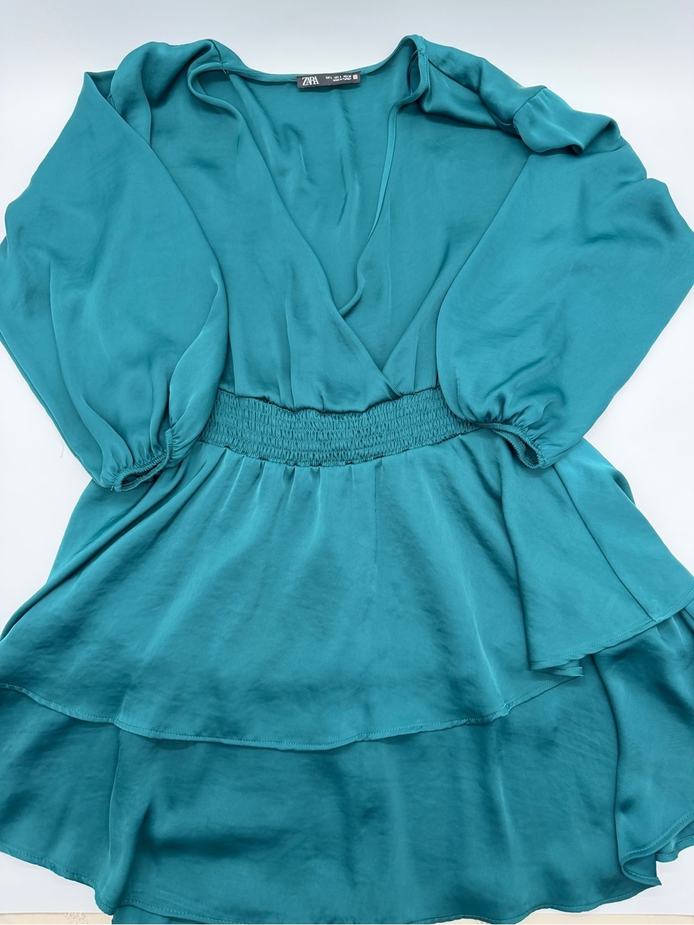 Teal Emerald Satin Surplice Mini Dress Tiered Elastic Waist Large Deep V Neck **